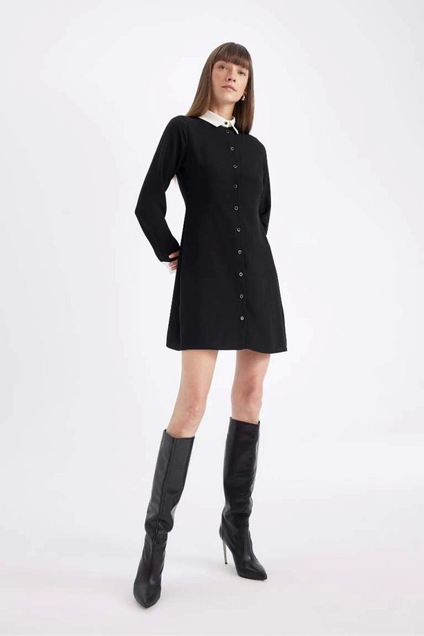 D2874 Krep Uzun Kollu Mini Elbise - 4