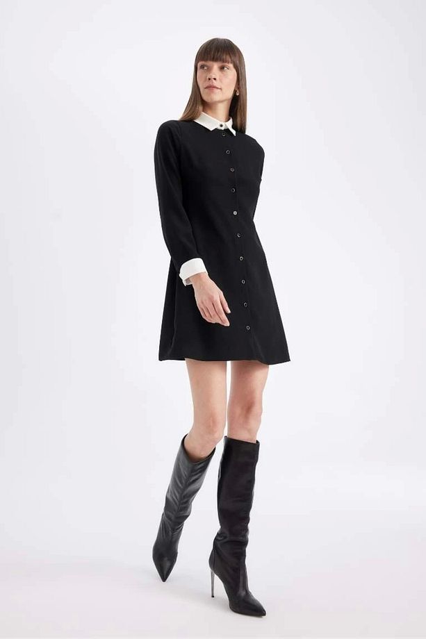 D2874 Krep Uzun Kollu Mini Elbise - 3