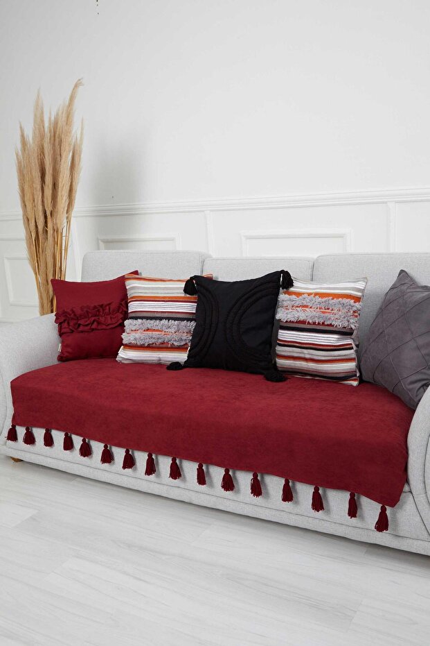 Tasseled Sofa Cover 90 X 210,Ko-19,Burgundy