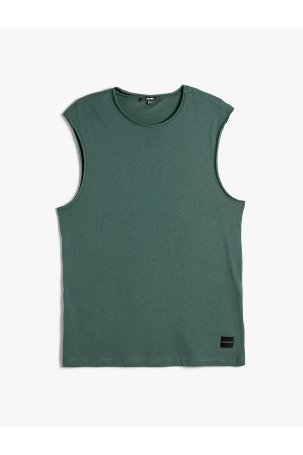 Basic Sleeveless T-Shirt with Hollow Sleeve Label Detail and Crew Neck