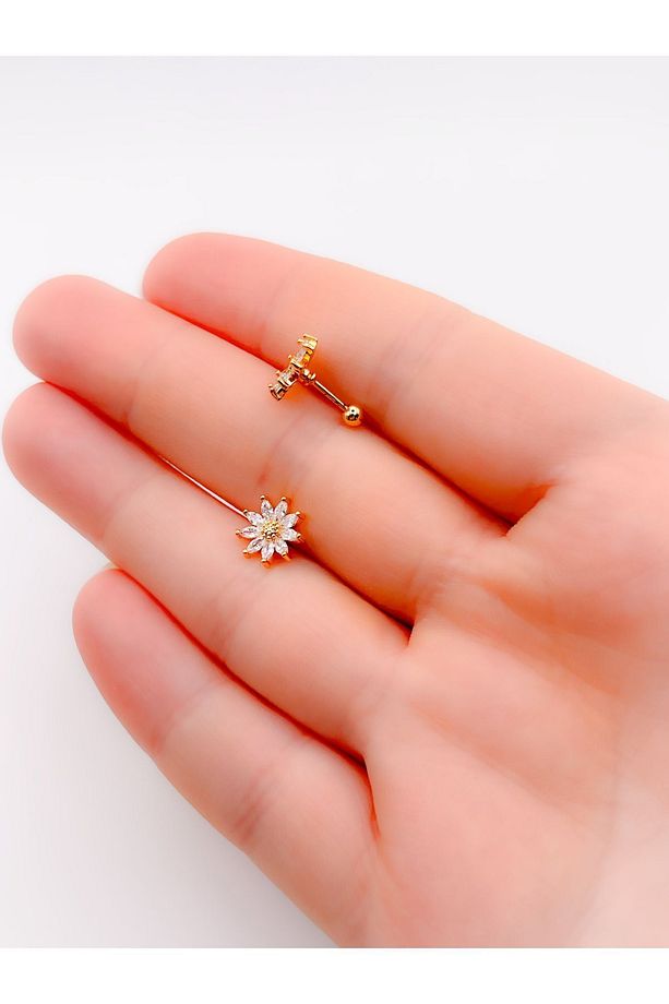 Cerrahi Çelik Piercing Zirkon Taşlı Günebakan Figürlü Kıkırdak Helix Tragus Piercing(1adet) - 3