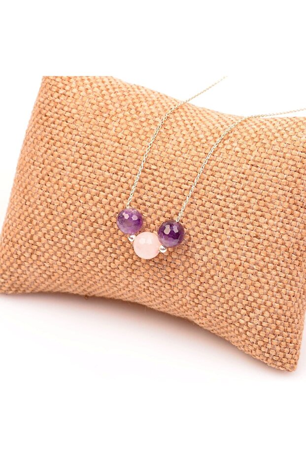 Amethyst - Pink Quartz Stone Silver Necklace