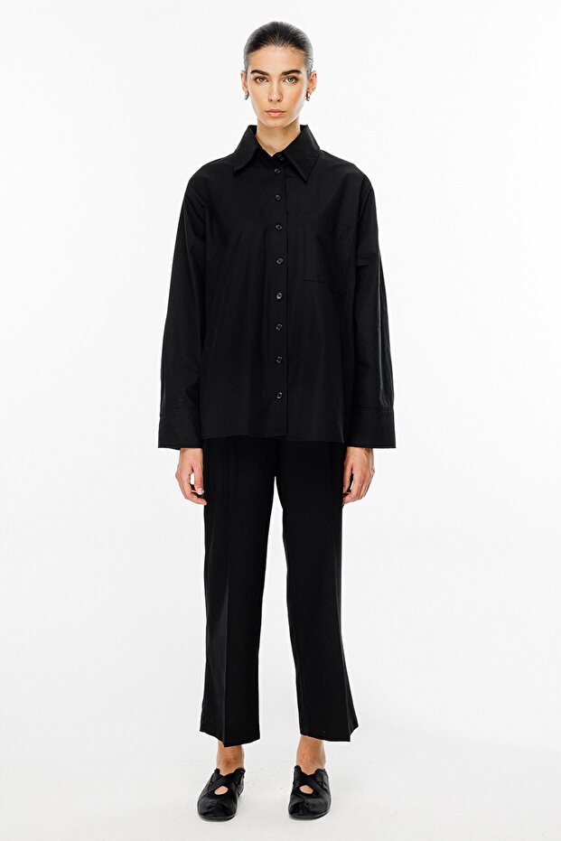 Premıum Oversıze Basic Poplin Siyah Gömlek - 8