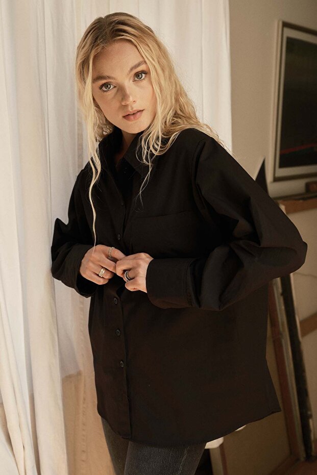 Premıum Oversıze Basic Poplin Siyah Gömlek - 4