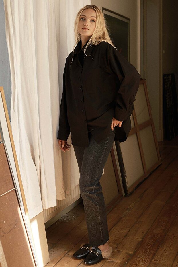 Premıum Oversıze Basic Poplin Siyah Gömlek - 3