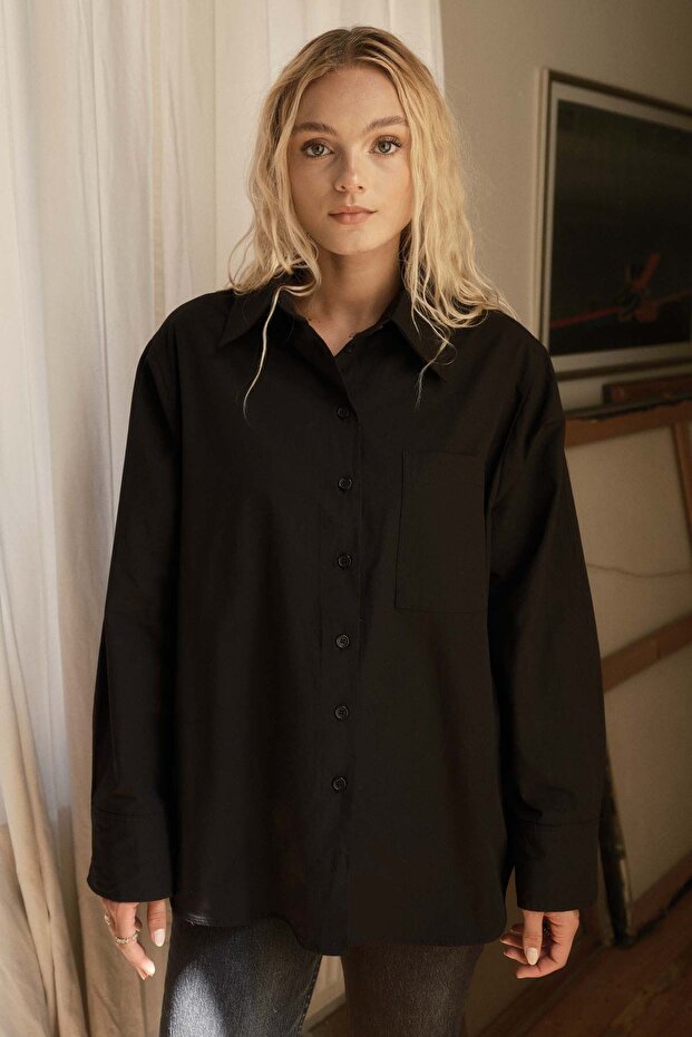 Premıum Oversıze Basic Poplin Siyah Gömlek - 1