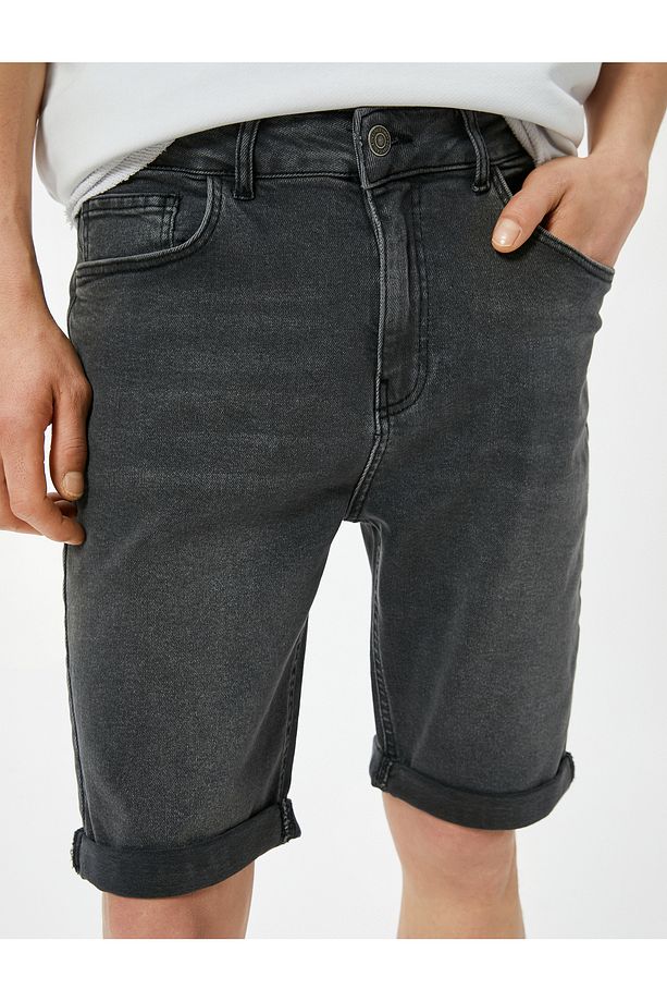 Kot Şort Slim Fit 5 Cepli Düğmeli - 5