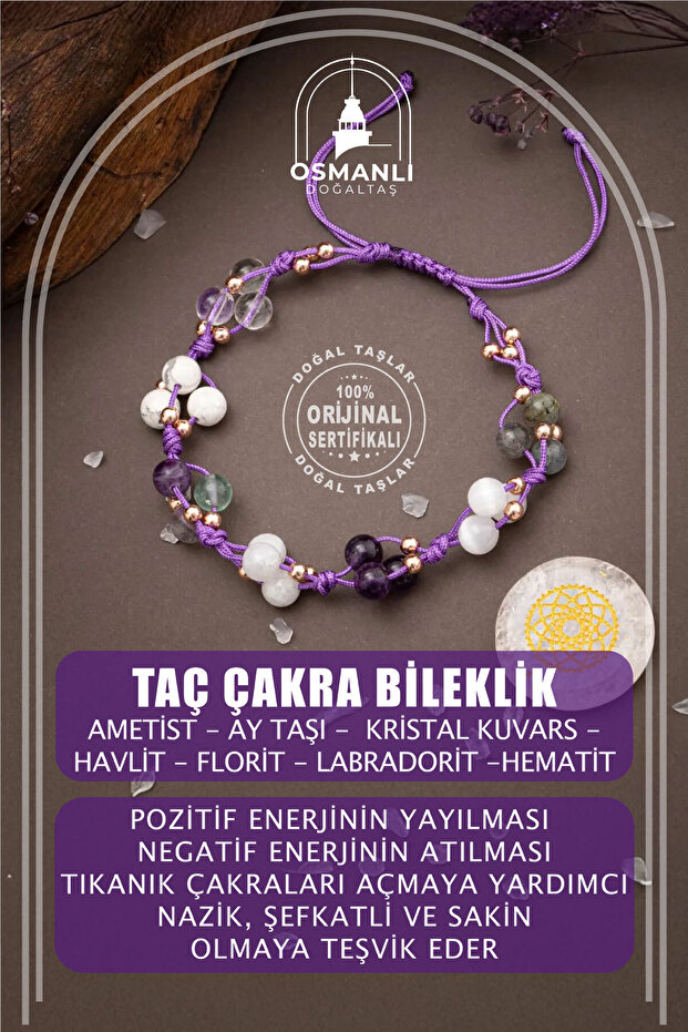 Certified Crown Chakra Zone Amethyst Moon Stone Selenite Natural Stone Macrame Bracelet