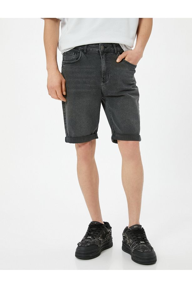 Kot Şort Slim Fit 5 Cepli Düğmeli - 3