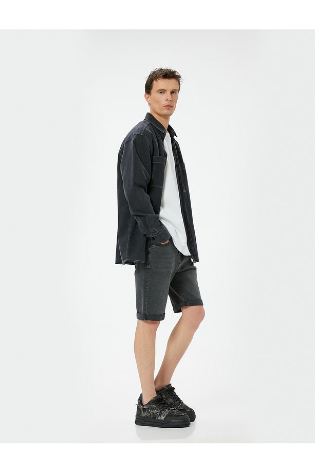 Kot Şort Slim Fit 5 Cepli Düğmeli - 1
