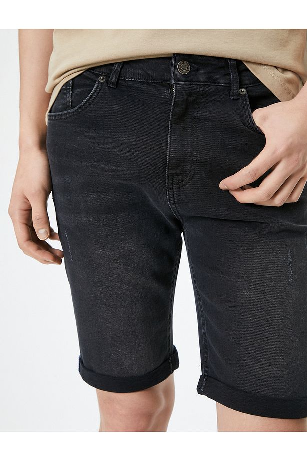 Yırtık Kot Şort Bermuda Slim Fit Katlı Paça Düğmeli - 5
