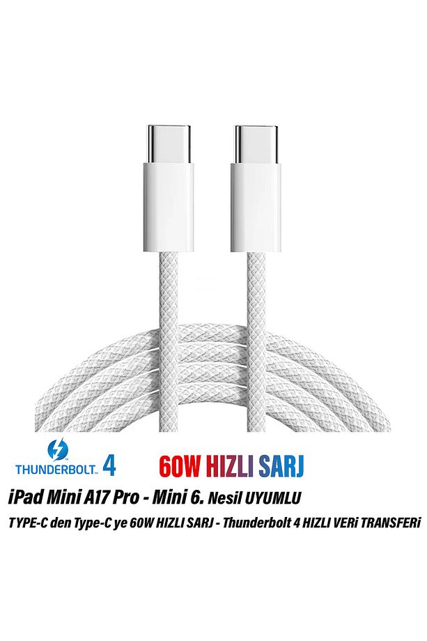 iPad mini A17 Pro - iPad Mini 6. Nesil Tablet Şarj Kablosu Type-C Thunderbolt 4 60W - 1