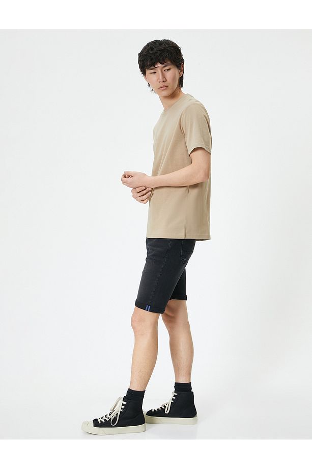 Yırtık Kot Şort Bermuda Slim Fit Katlı Paça Düğmeli - 2