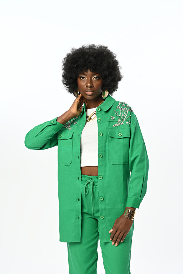 Gabardine Cotton Jacket with Stone Embroidered Robe
