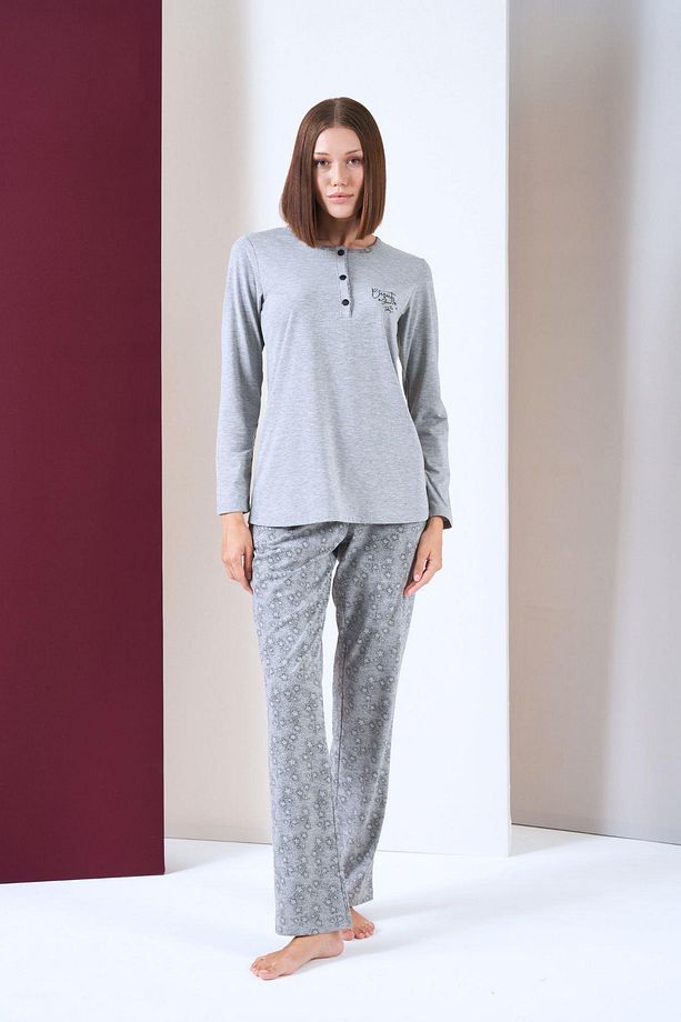 Kadın Patlı Yıldız Desenli Uzun Kol Pijama Takım - 1