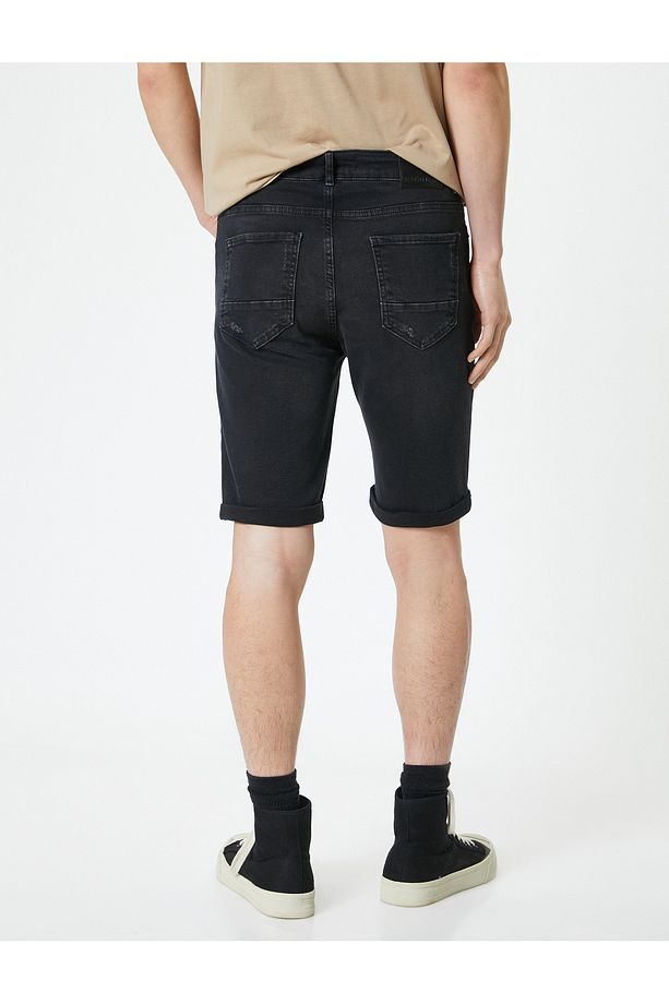 Yırtık Kot Şort Bermuda Slim Fit Katlı Paça Düğmeli - 4