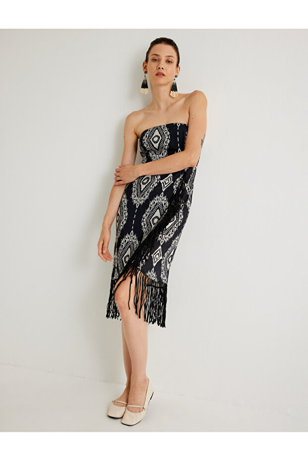 X Melis Ağazat - Strapless Dress with Tassel Detail, Midi Length, Ethnic Pattern, Slim Fit