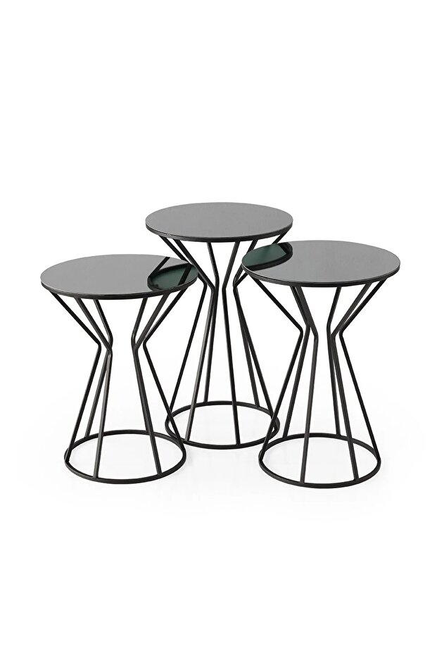 3 LÜ AYNA SİYAH ZİGON SEHPA FÜME AYNA SİYAH İSKELET YUVARLAK ZİGON SEHPA - 1