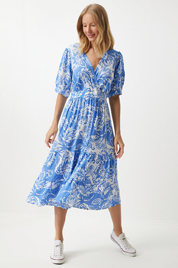 Wraped Collar Floral Summer Viscose Dress Blue Lrv0077