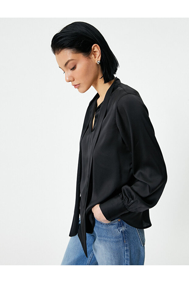 Satin Blouse with Tie Detail and Long Sleeves