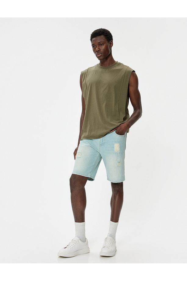 Oversize Kot Şort Bermuda Yırtık Pamuklu - 2