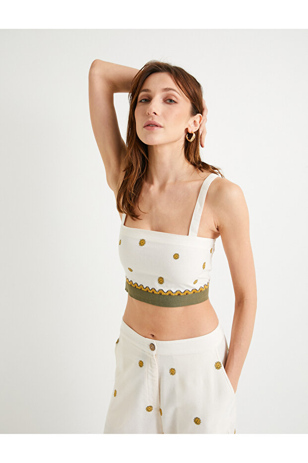 Floral Crop Top Embroidered Straps Slim Fit