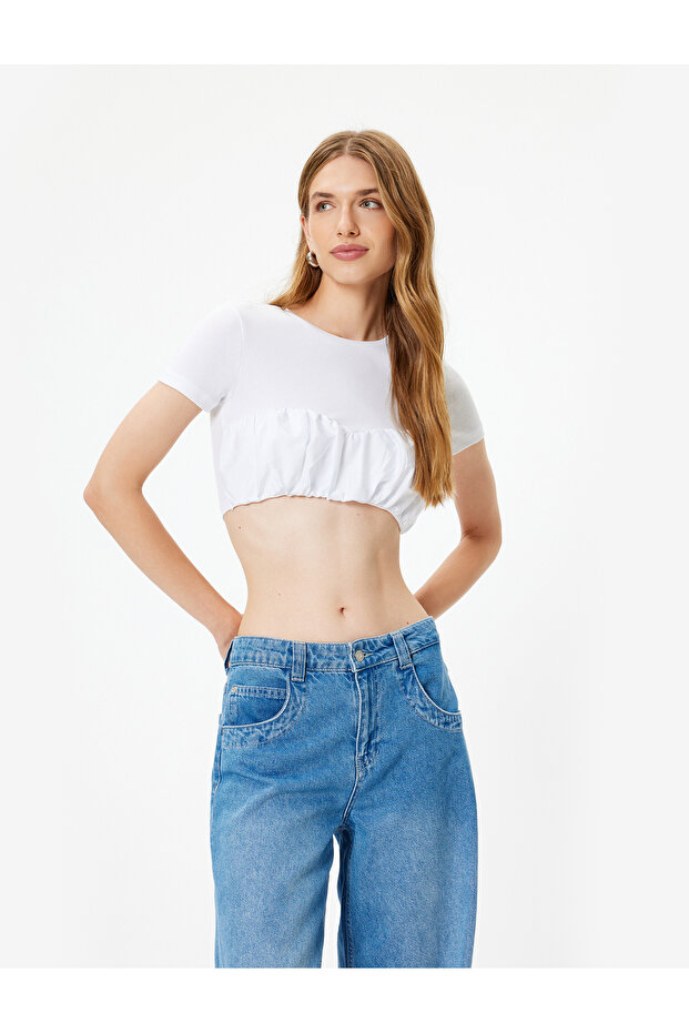 Crop T-Shirt Balloon Form Skinny Short Sleeve Round Neck Cotton