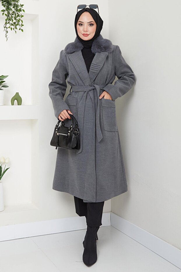 Fur Collared Cashmere Coat with Ribbed Detail, Smoked Hm2576