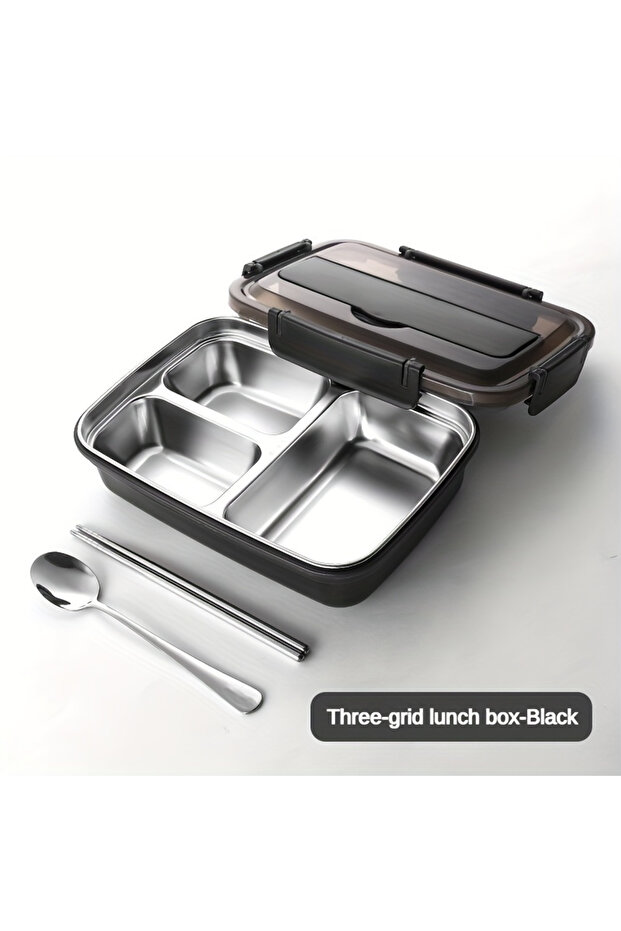 black Leak-Proof Stainless Steel Lunch Box With 3/4 Compartments - Durable, Easy-Clean Bento Contain