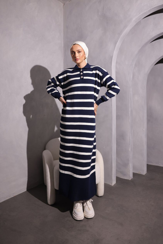 Women's Striped Shirt Collar Half Button Knitwear Sweater Dress
