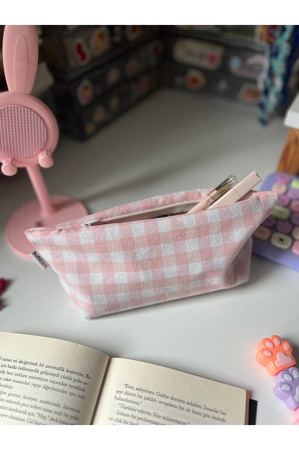Pembe Pötikareli Yıkanabilir Fermuarlı Tek Gözlü Bez Kalemlik Kalem Kutusu Cüzdan Makyaj Çantası - 1