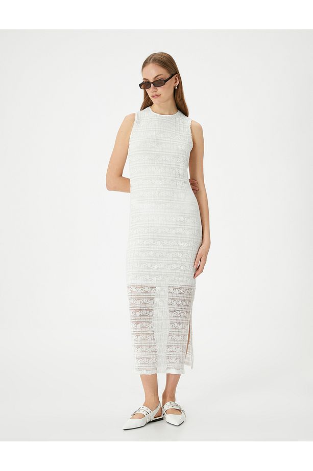 Midi Slip Elbise Bisiklet Yaka Kolsuz Yırtmaçlı - 2