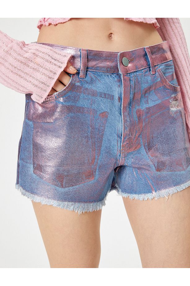 Ekstra Mini Kot Şort Metalik Baskı Detaylı Slim Fit Püsküllü Paça - 5