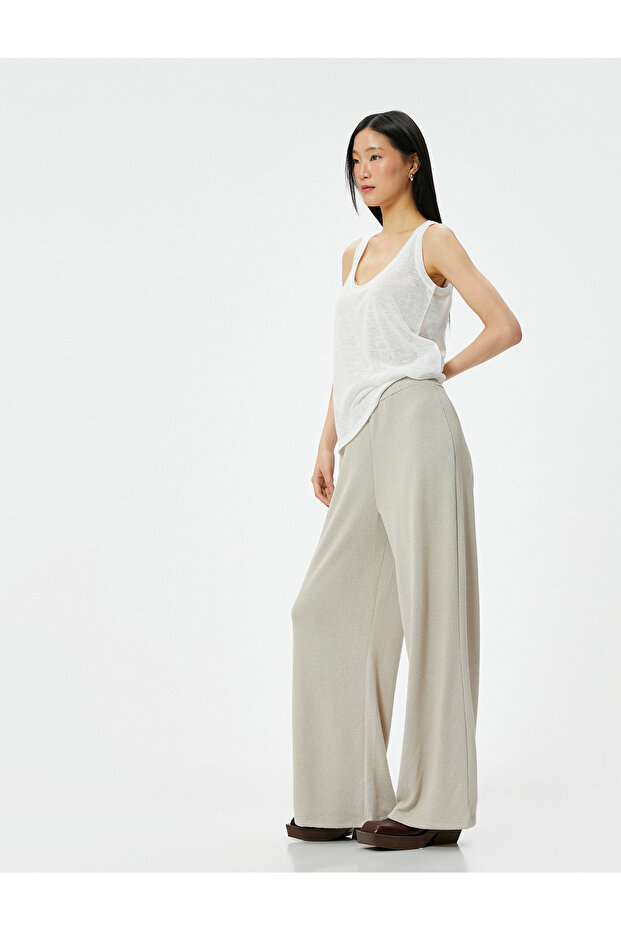 Wide Leg Trousers Regular Waist Elastic Viscose Mixed
