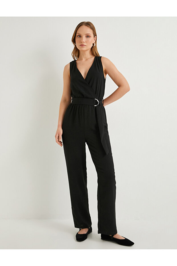 Double-Breasted Jumpsuit with Belt Detail, V-Neck, Straps and Pockets