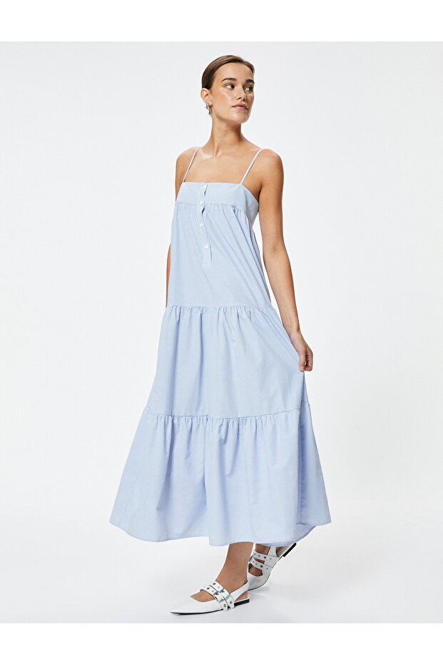 Midi Strappy Striped Dress with Gipe Detail on the Back, Buttoned and Layered, Comfortable Fit