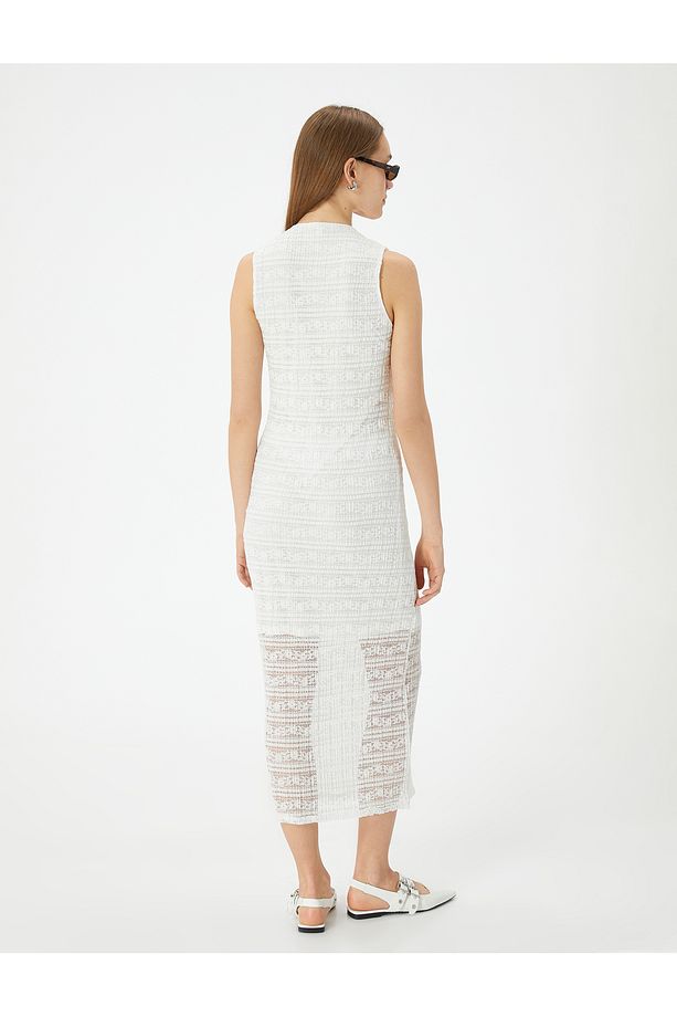 Midi Slip Elbise Bisiklet Yaka Kolsuz Yırtmaçlı - 4