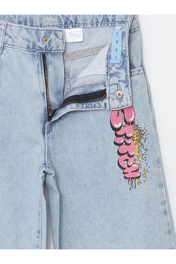 LCW Kids Mavi Beli Ayarlanabilir Lastikli Lilo ve Stitch Baskılı Kız Çocuk Jean Pantolon - 3