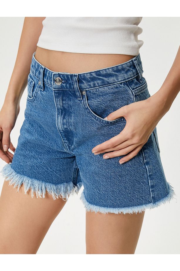 Mini Kot Şort Kesik Püsküllü Paça Pamuklu Cepli - 7