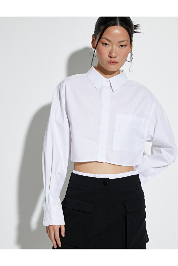 Crop Poplin Shirt Long Sleeve Comfortable Cut Buttoned Pocket Detail