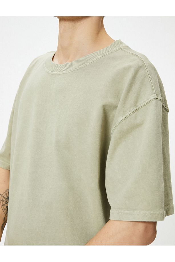 Oversize Tişört Yıkamalı Bisiklet Yaka Kısa Kollu - 5