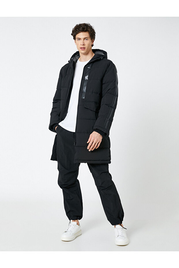 Long Coat Anorak Hooded Pocket Stripe Printed