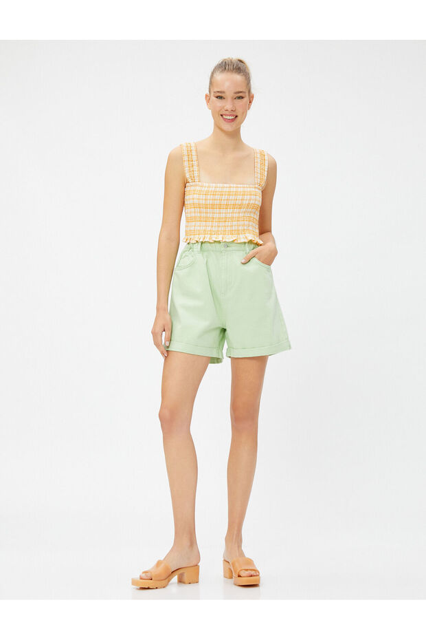 High Waist Shorts Elastic Waist Fold Detail Cotton