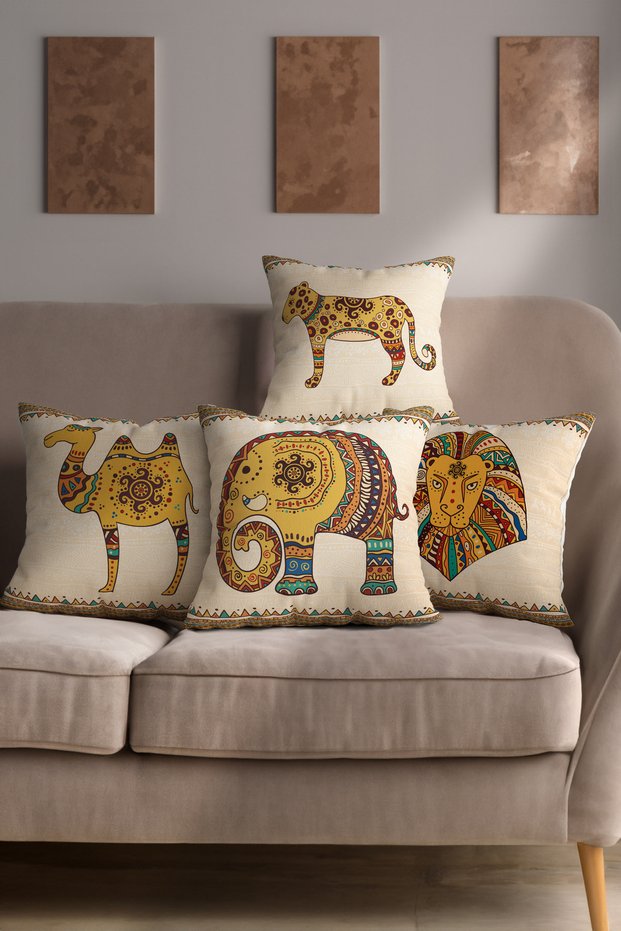 African Themed Digital Printed Decorative 4-Piece Pillow in Cream Orange Colors - Throw Pillow Cover Set