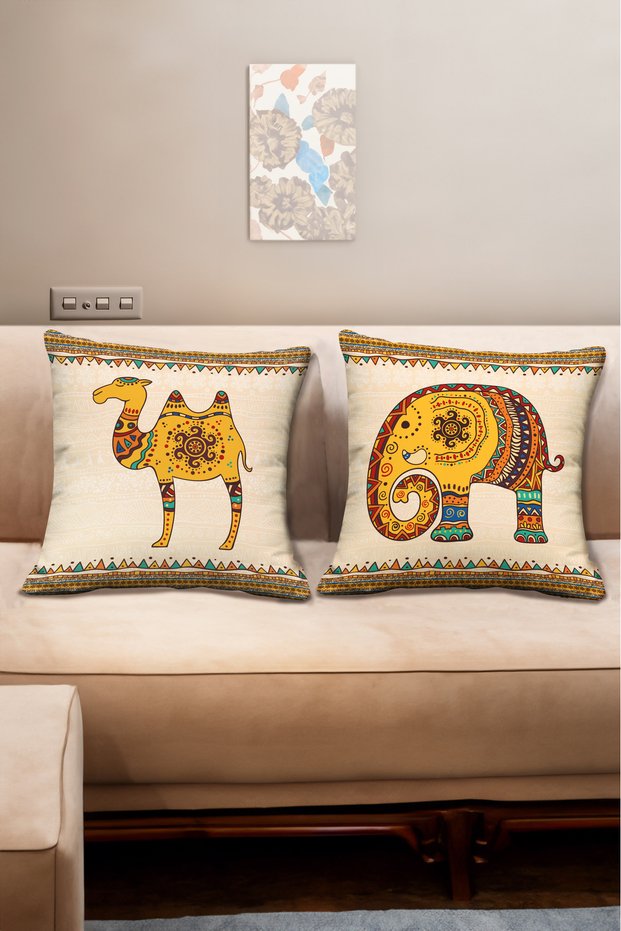 African Themed Animal Figure Cream 2-Piece Digital Printed Pillow in Orange Colors - Throw Pillow Cover