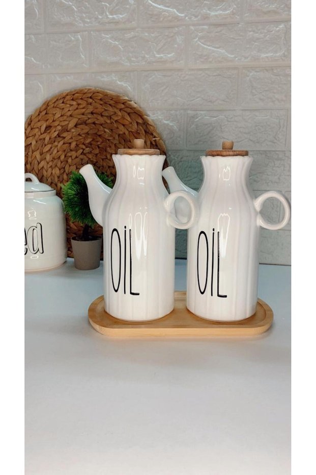 2 Pieces 1 Lt Porcelain Oil Pot and Wooden Base Set - Oil Pot and Vinegar Pot Set of 3 (Label Is Not Included)