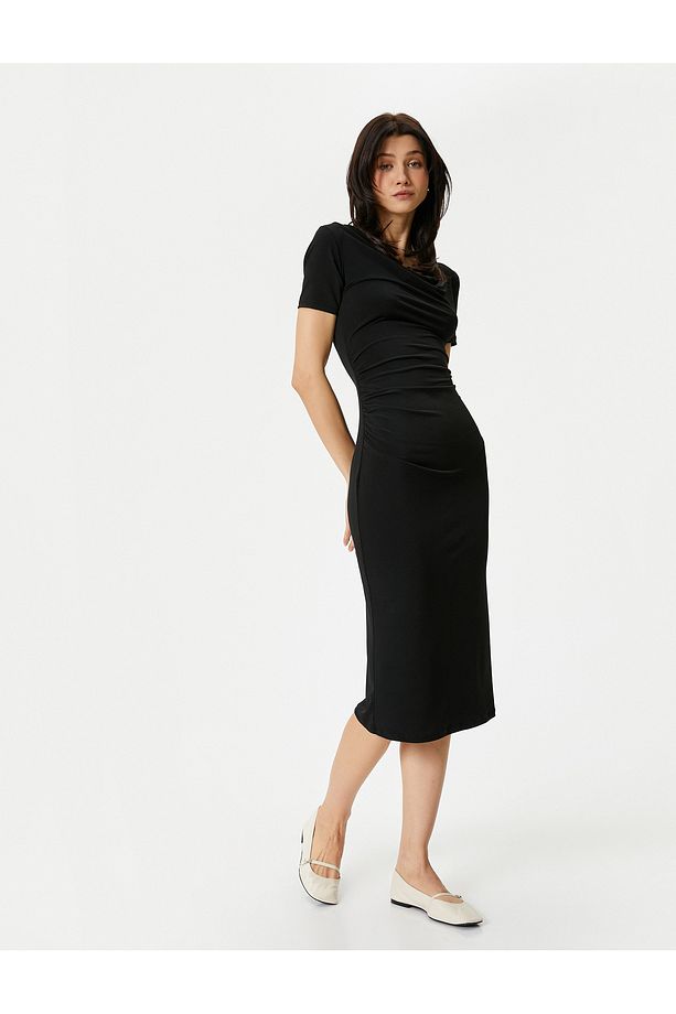 Midi Elbise Drape Yaka Kısa Kollu Standart Kesim - 2