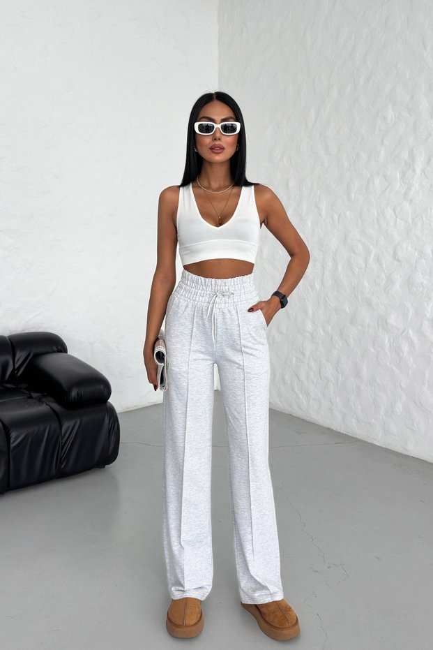 Women's Gray Wide Belt High Waist Tapered 2-Thread Wide-Leg Sweatpants