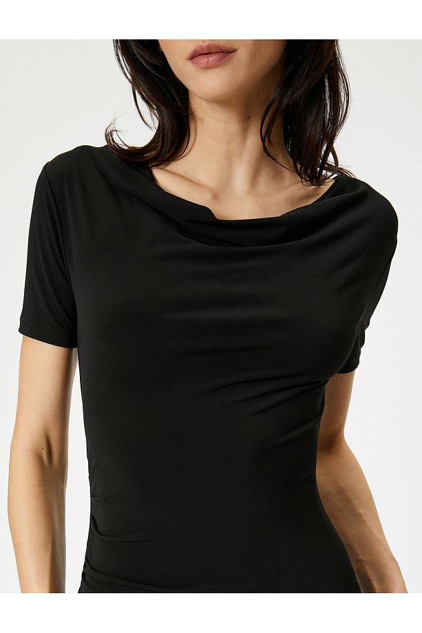 Midi Elbise Drape Yaka Kısa Kollu Standart Kesim - 5
