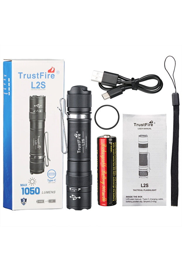 مصباح يدوي تكتيكي Trustfire L2S بتركيز ثابت 14500، أسود، 1050 لومن، IPX6، 14500 مصباح يدوي قابل للشرب